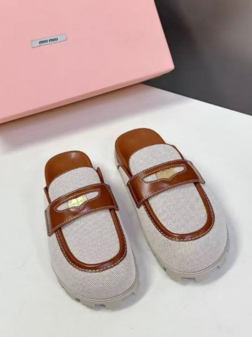 Miu Miu Chunky Sole Mule Loafers Beige Canvas & Brown Leather